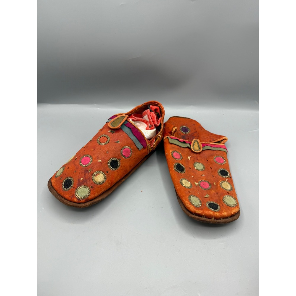 Vtg Moroccan Orange Leather Babouche Slippers Handmade Fok Art Tribal Applique